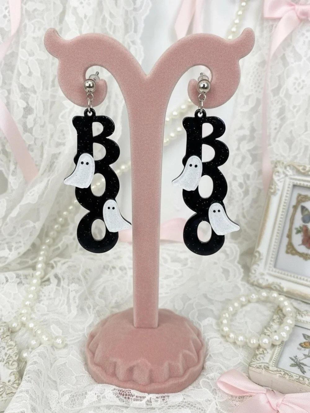 Spooky Season Glam Boo Ghost Statement Earrings Halloween Coquette Sparkly Fall